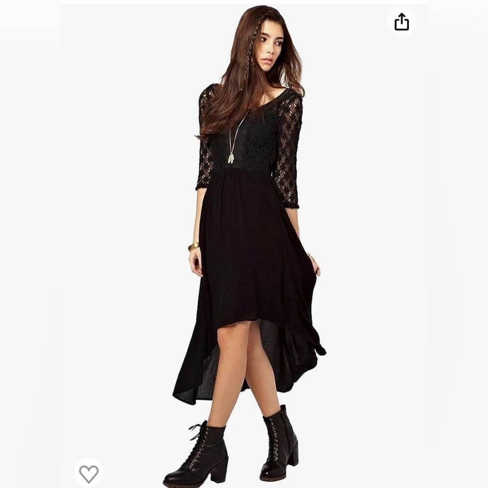 Free People Lonesome Dove Crochet Black Top Floral Hi Low Skirt Dress Si…